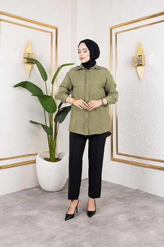 Cep Detaylı Tesettür Gömlek-3037 Haki yeşili - Thumbnail