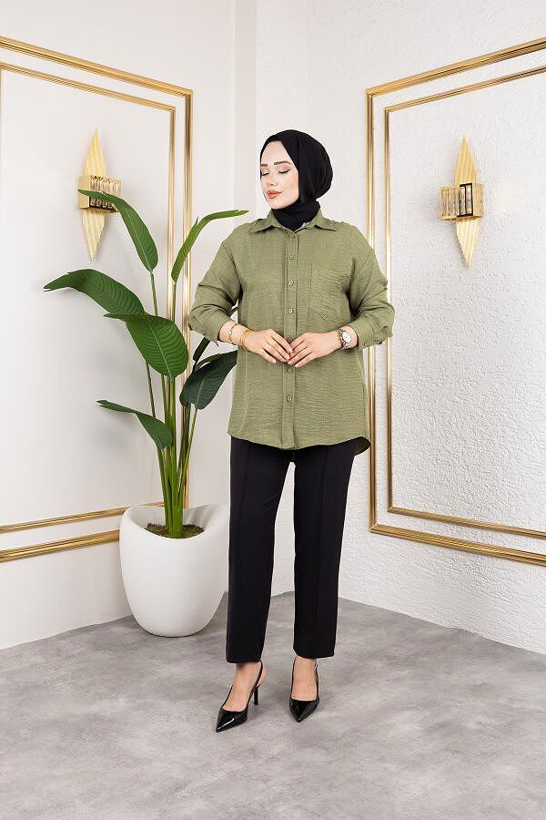 Cep Detaylı Tesettür Gömlek-3037 Haki yeşili