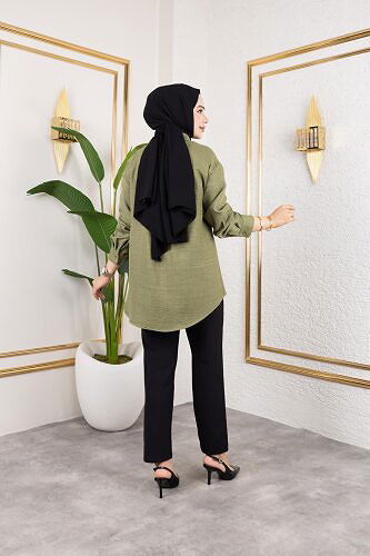 Cep Detaylı Tesettür Gömlek-3037 Haki yeşili - Thumbnail