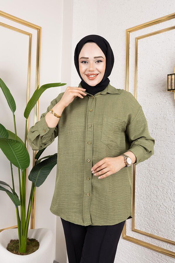 Cep Detaylı Tesettür Gömlek-3037 Haki yeşili