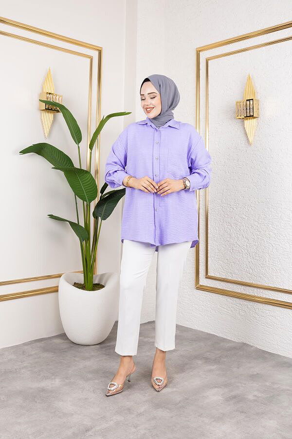 Cep Detaylı Tesettür Gömlek-3037 Lila