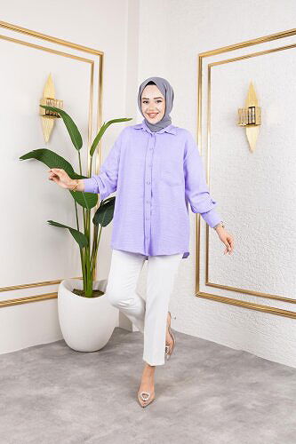 Cep Detaylı Tesettür Gömlek-3037 Lila - Thumbnail