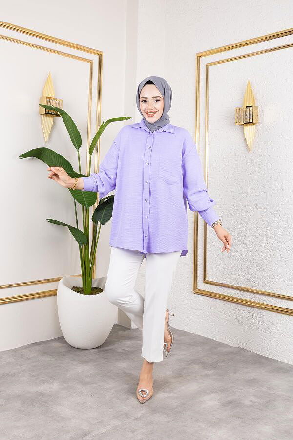 Cep Detaylı Tesettür Gömlek-3037 Lila
