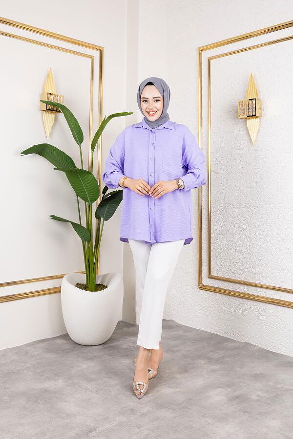Cep Detaylı Tesettür Gömlek-3037 Lila