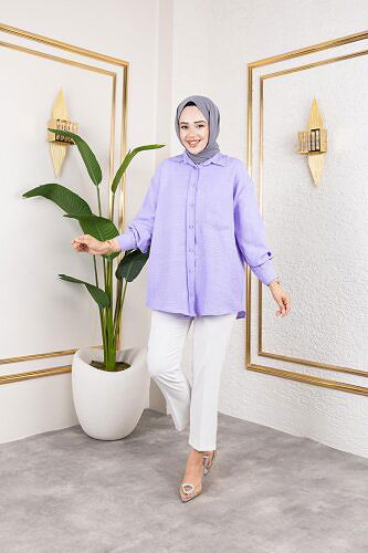 Cep Detaylı Tesettür Gömlek-3037 Lila - Thumbnail