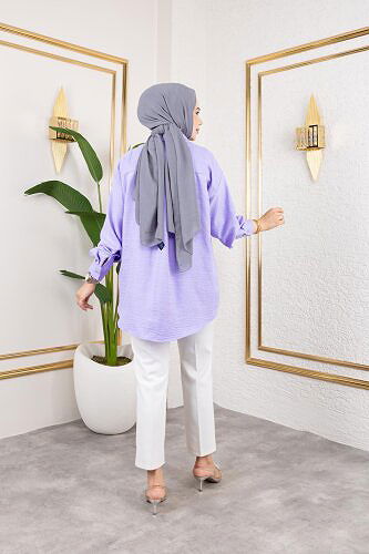Cep Detaylı Tesettür Gömlek-3037 Lila - Thumbnail