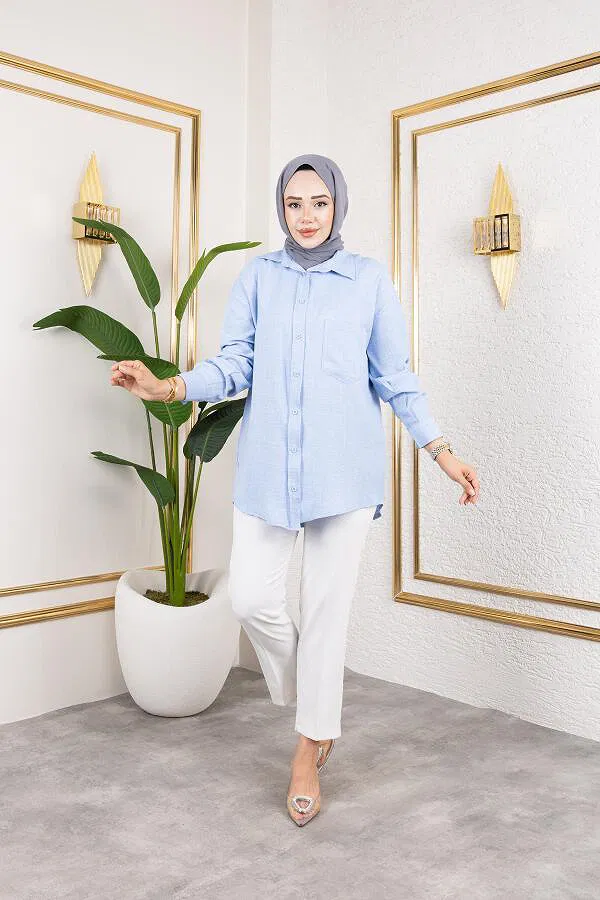 Cep Detaylı Tesettür Gömlek-3037 Mavi