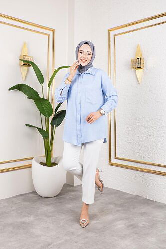 Modaebva - Cep Detaylı Tesettür Gömlek-3037 Mavi (1)