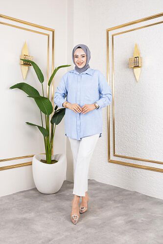 Cep Detaylı Tesettür Gömlek-3037 Mavi - Thumbnail