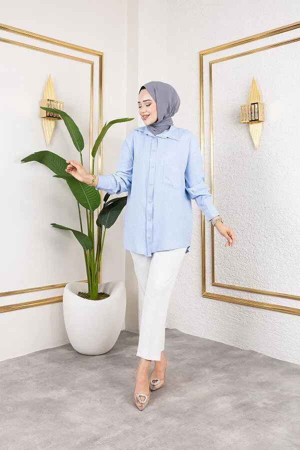 Cep Detaylı Tesettür Gömlek-3037 Mavi