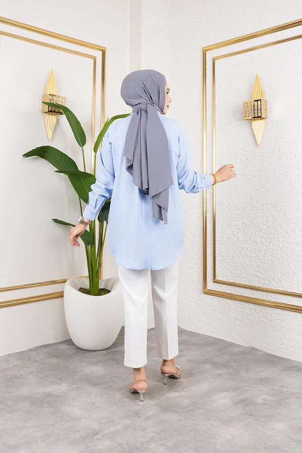 Cep Detaylı Tesettür Gömlek-3037 Mavi