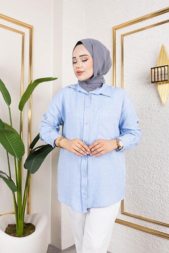 Modaebva - Cep Detaylı Tesettür Gömlek-3037 Mavi