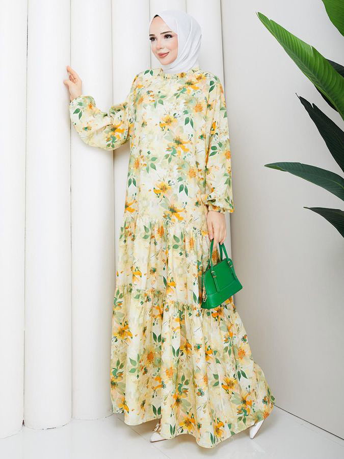 Çiçek Desenli Modal Elbise-5190 Hardal