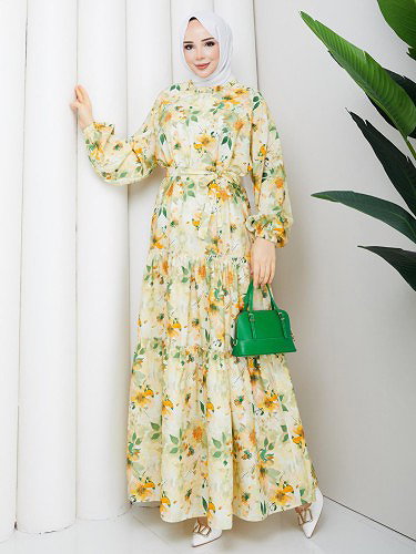 Çiçek Desenli Modal Elbise-5190 Hardal - Thumbnail