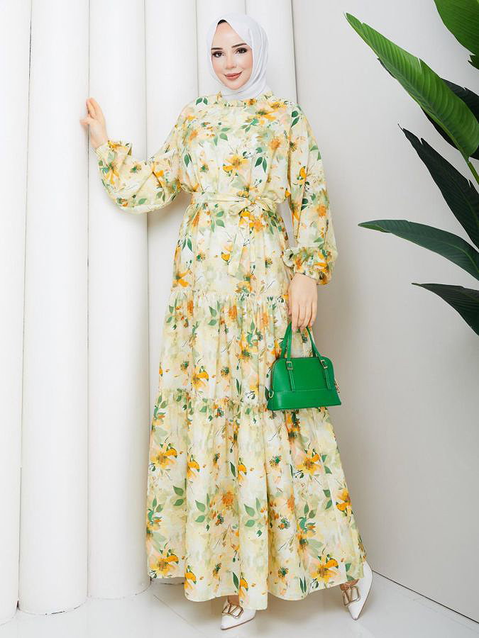 Çiçek Desenli Modal Elbise-5190 Hardal