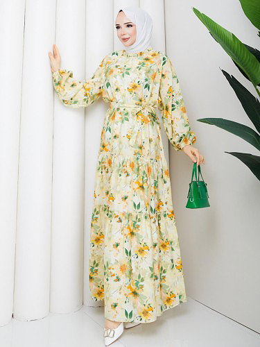 Çiçek Desenli Modal Elbise-5190 Hardal - Thumbnail