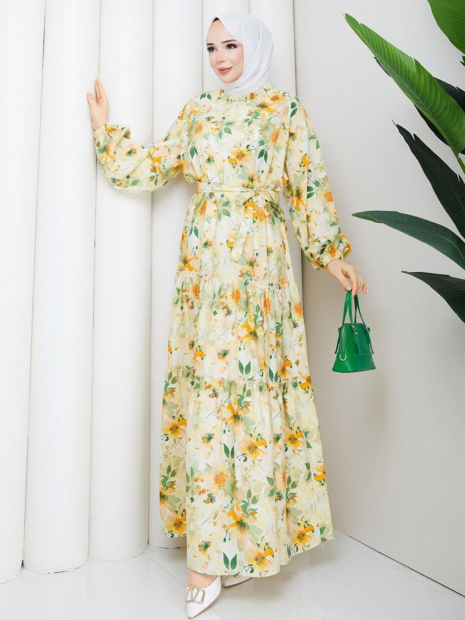 Çiçek Desenli Modal Elbise-5190 Hardal