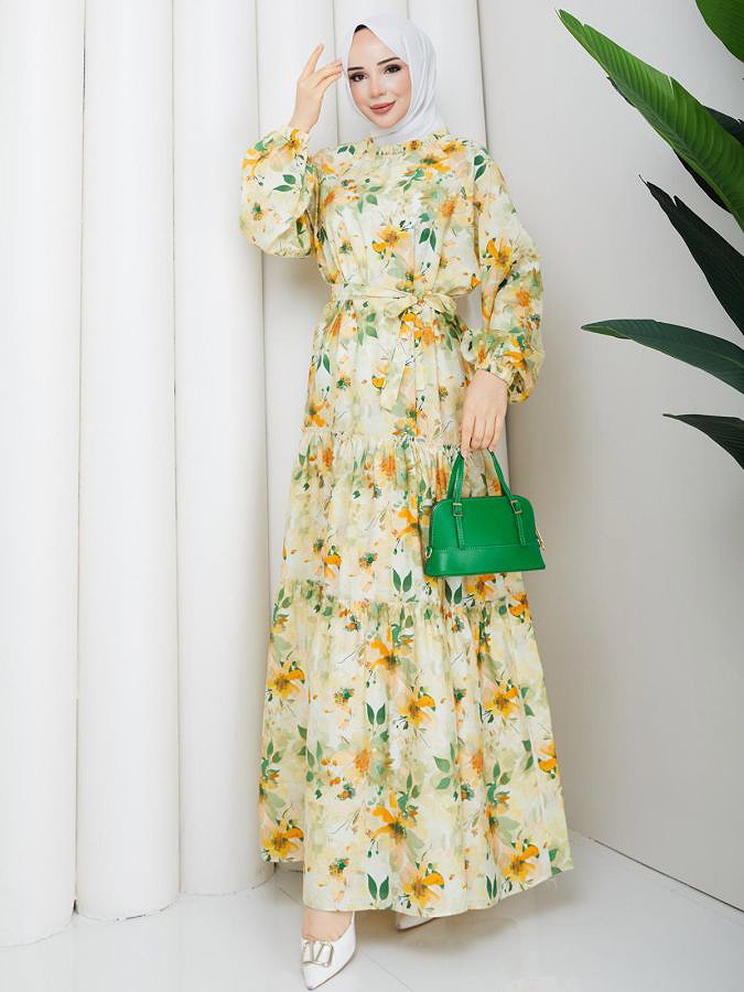 Çiçek Desenli Modal Elbise-5190 Hardal