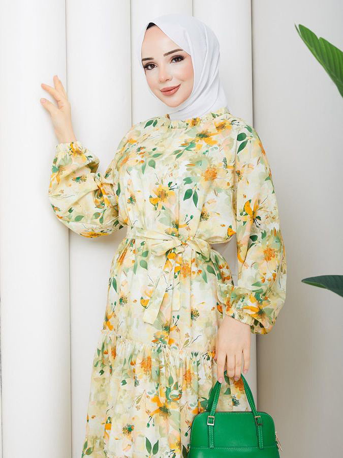 Çiçek Desenli Modal Elbise-5190 Hardal