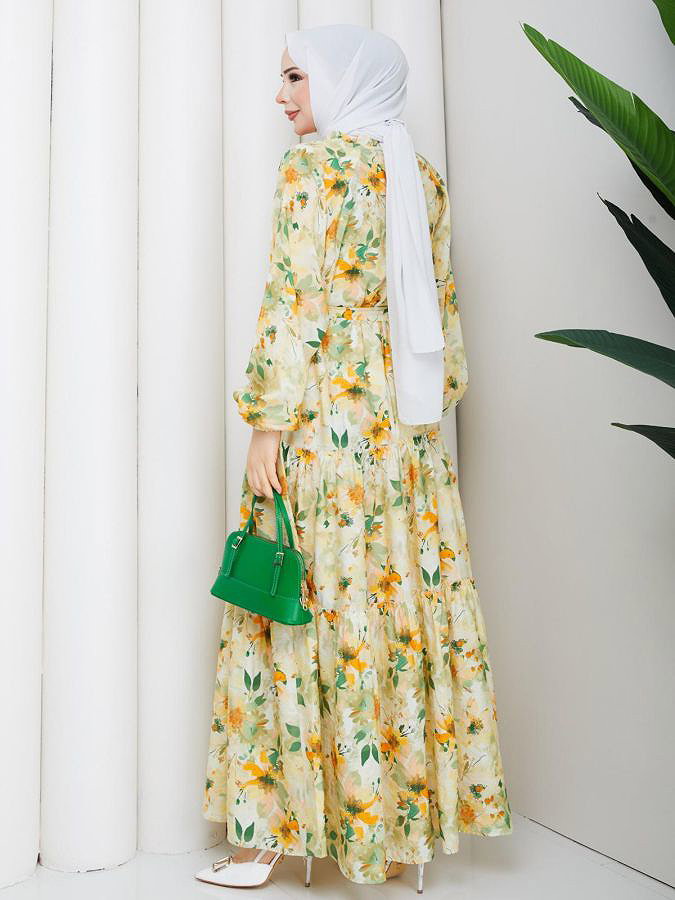 Çiçek Desenli Modal Elbise-5190 Hardal