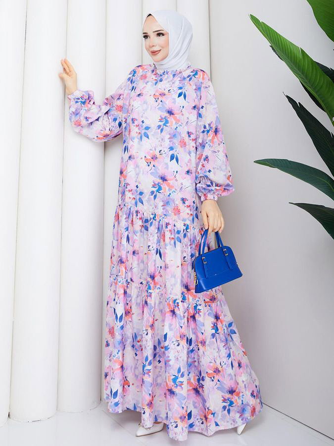 Çiçek Desenli Modal Elbise-5190 İndigo