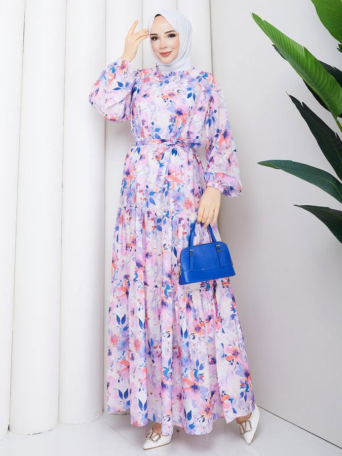 Çiçek Desenli Modal Elbise-5190 İndigo