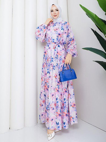 Çiçek Desenli Modal Elbise-5190 İndigo - Thumbnail