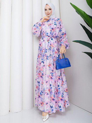 Çiçek Desenli Modal Elbise-5190 İndigo - Thumbnail