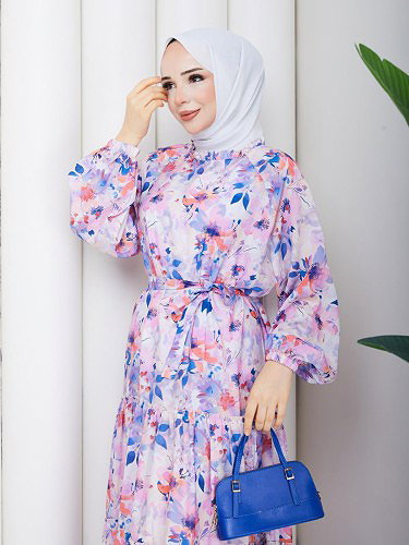 Çiçek Desenli Modal Elbise-5190 İndigo - Thumbnail