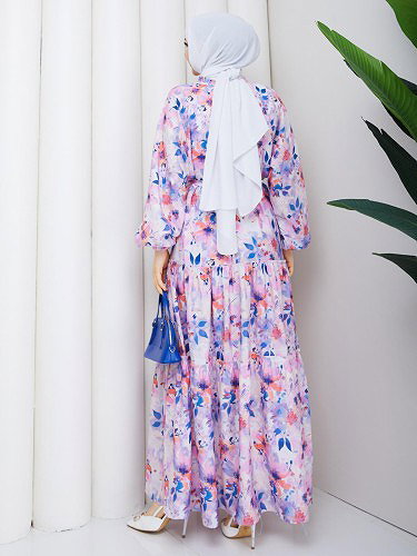 Çiçek Desenli Modal Elbise-5190 İndigo - Thumbnail