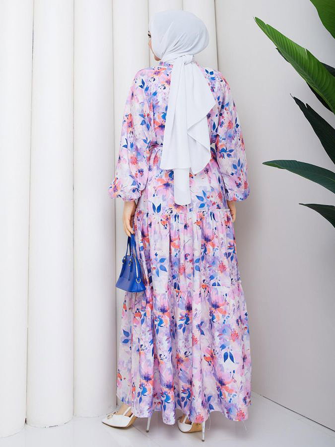 Çiçek Desenli Modal Elbise-5190 İndigo