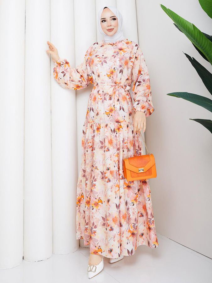 Çiçek Desenli Modal Elbise-5190 Kahve