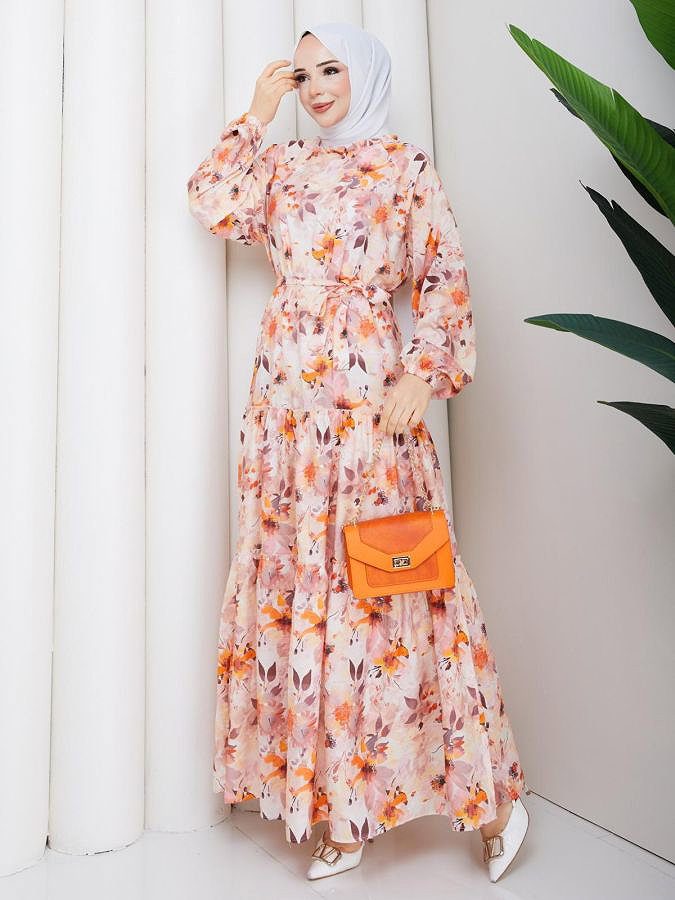 Çiçek Desenli Modal Elbise-5190 Kahve