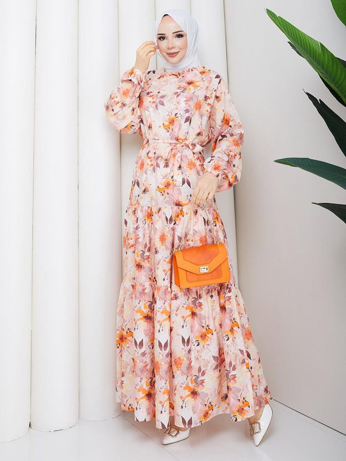Çiçek Desenli Modal Elbise-5190 Kahve