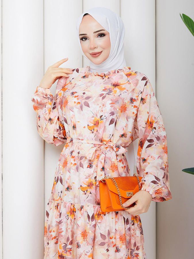 Çiçek Desenli Modal Elbise-5190 Kahve