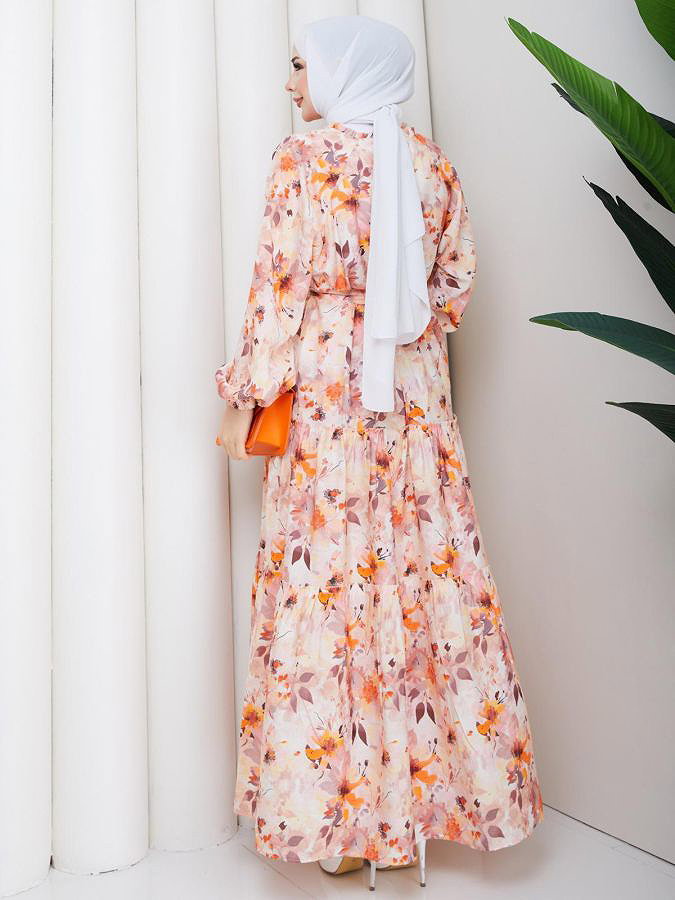 Çiçek Desenli Modal Elbise-5190 Kahve