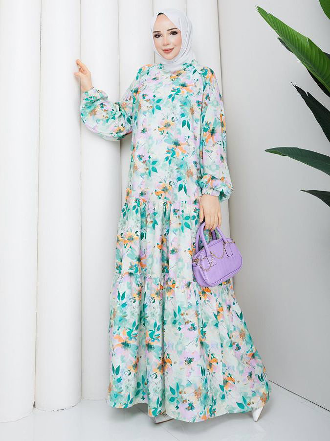 Çiçek Desenli Modal Elbise-5190 Mint