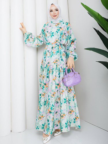 Çiçek Desenli Modal Elbise-5190 Mint - Thumbnail