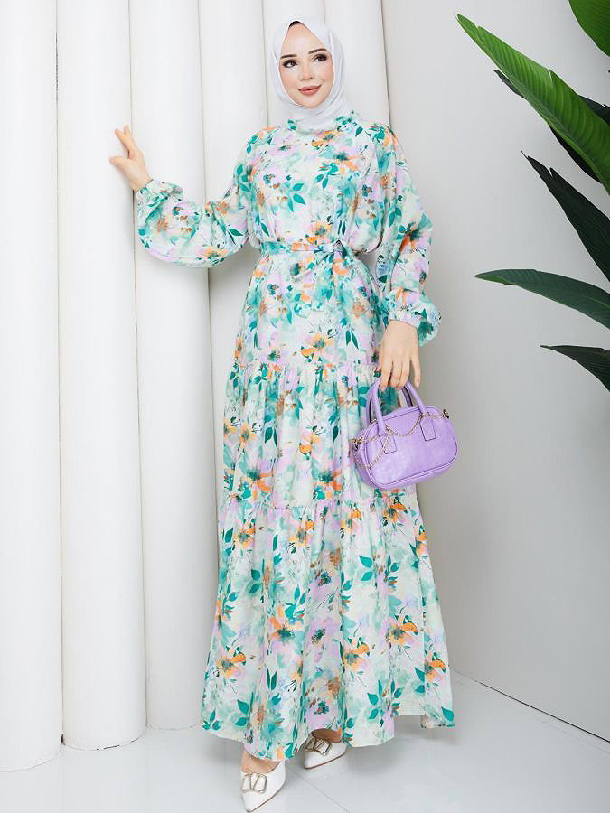 Çiçek Desenli Modal Elbise-5190 Mint