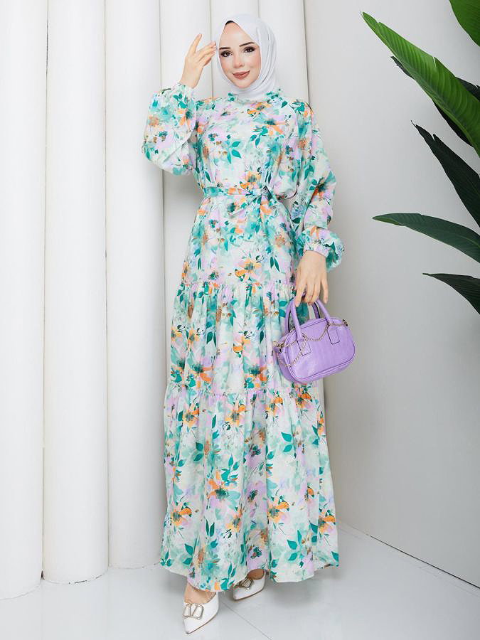 Çiçek Desenli Modal Elbise-5190 Mint