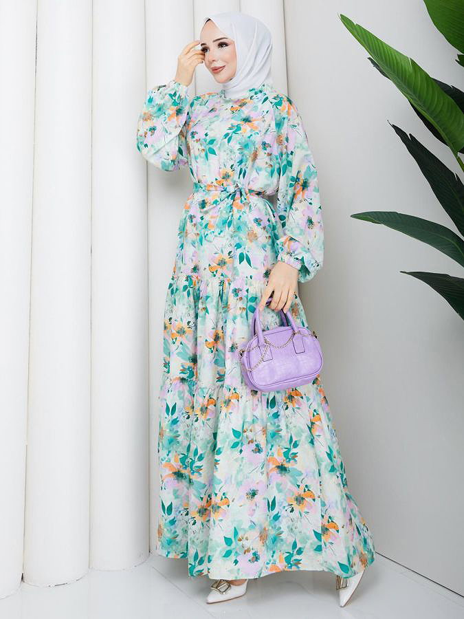 Çiçek Desenli Modal Elbise-5190 Mint