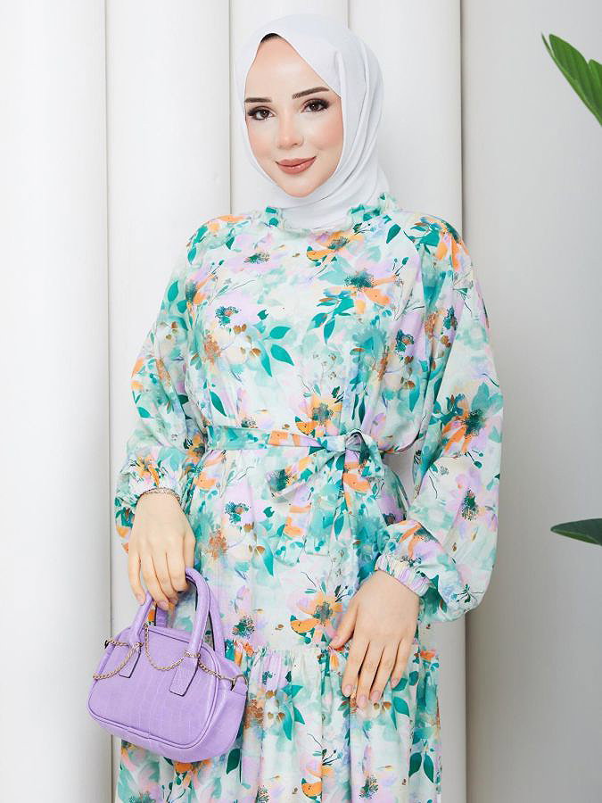 Çiçek Desenli Modal Elbise-5190 Mint