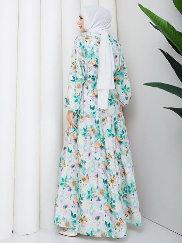 Çiçek Desenli Modal Elbise-5190 Mint - Thumbnail