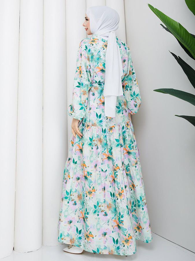 Çiçek Desenli Modal Elbise-5190 Mint