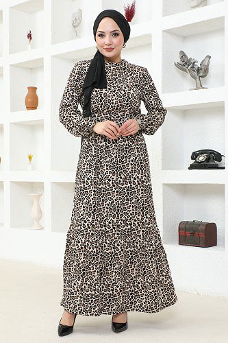 Çıtır Desenli Beli Lastikli Tesettür Elbise-3952 Kahve(Leopar) - Thumbnail