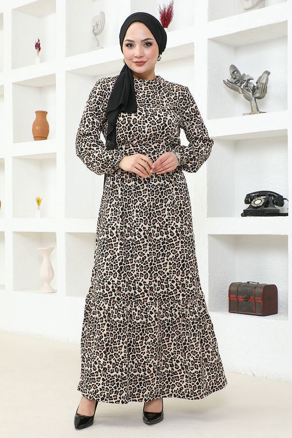 Çıtır Desenli Beli Lastikli Tesettür Elbise-3952 Kahve(Leopar)