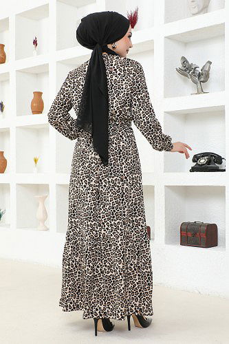 Çıtır Desenli Beli Lastikli Tesettür Elbise-3952 Kahve(Leopar) - Thumbnail