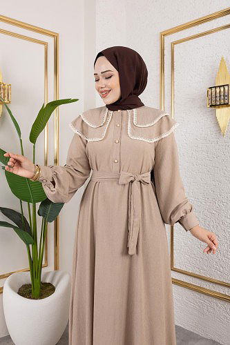 Dantel Detaylı Kloş Tesettür Elbise-5031 Bej - Thumbnail