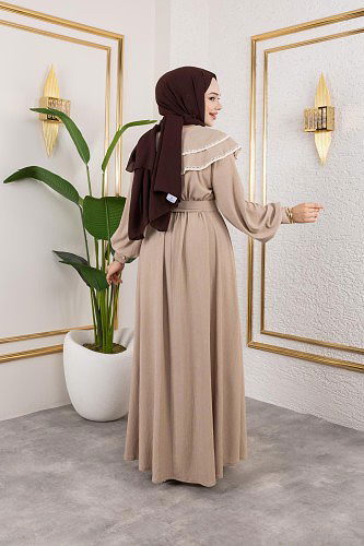 Dantel Detaylı Kloş Tesettür Elbise-5031 Bej - Thumbnail