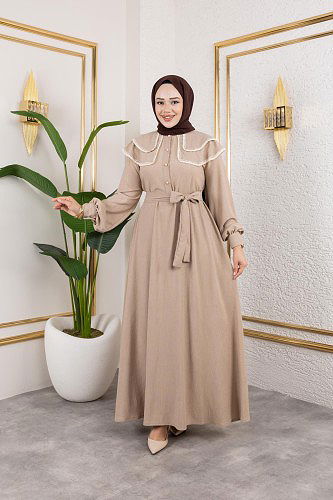 Dantel Detaylı Kloş Tesettür Elbise-5031 Bej - Thumbnail